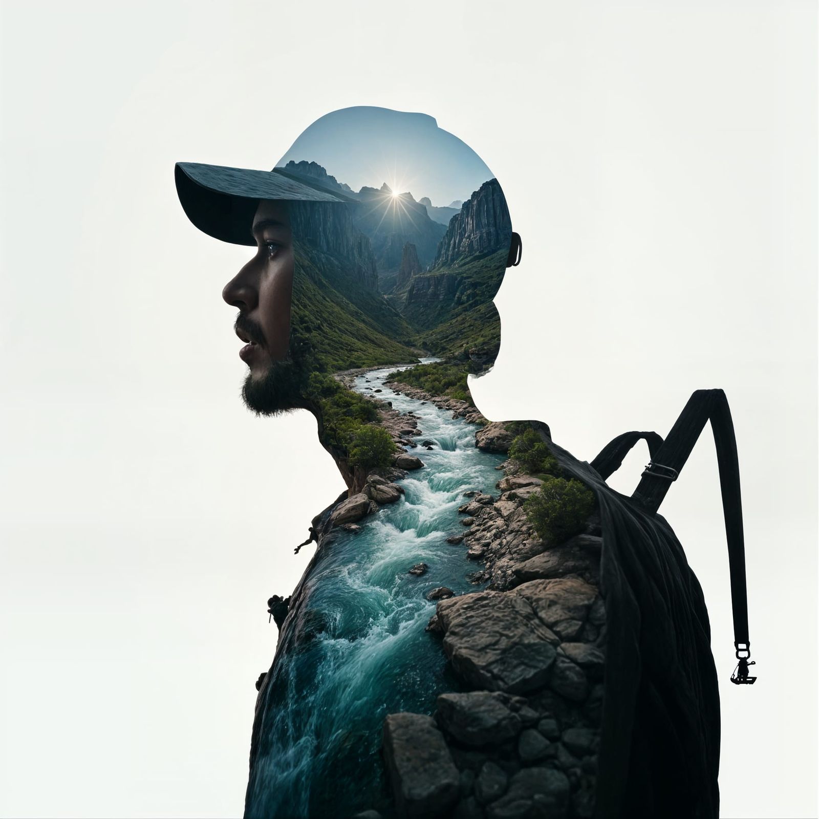 Hiker Silhouette Double Exposure in Cinematic Style