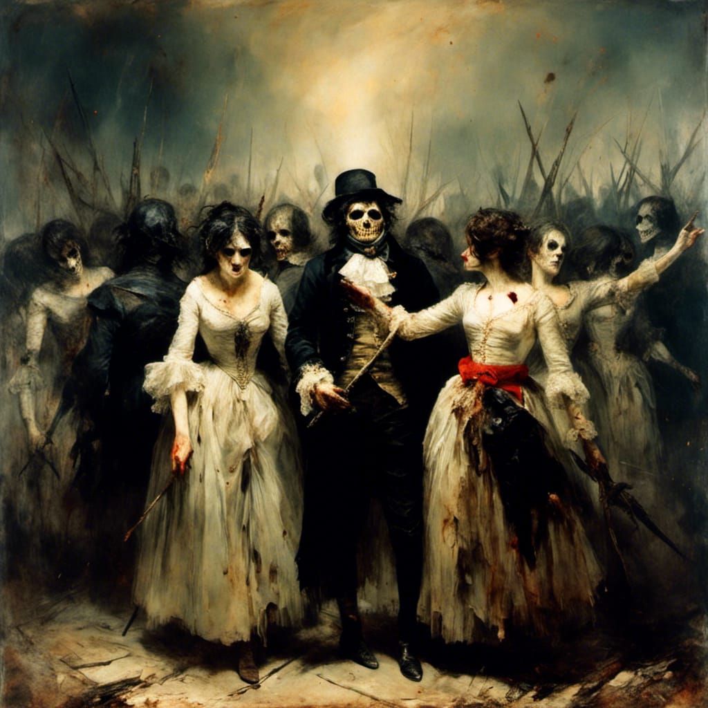 Sinister Gathering: Macabre Oil Painting of Colonists