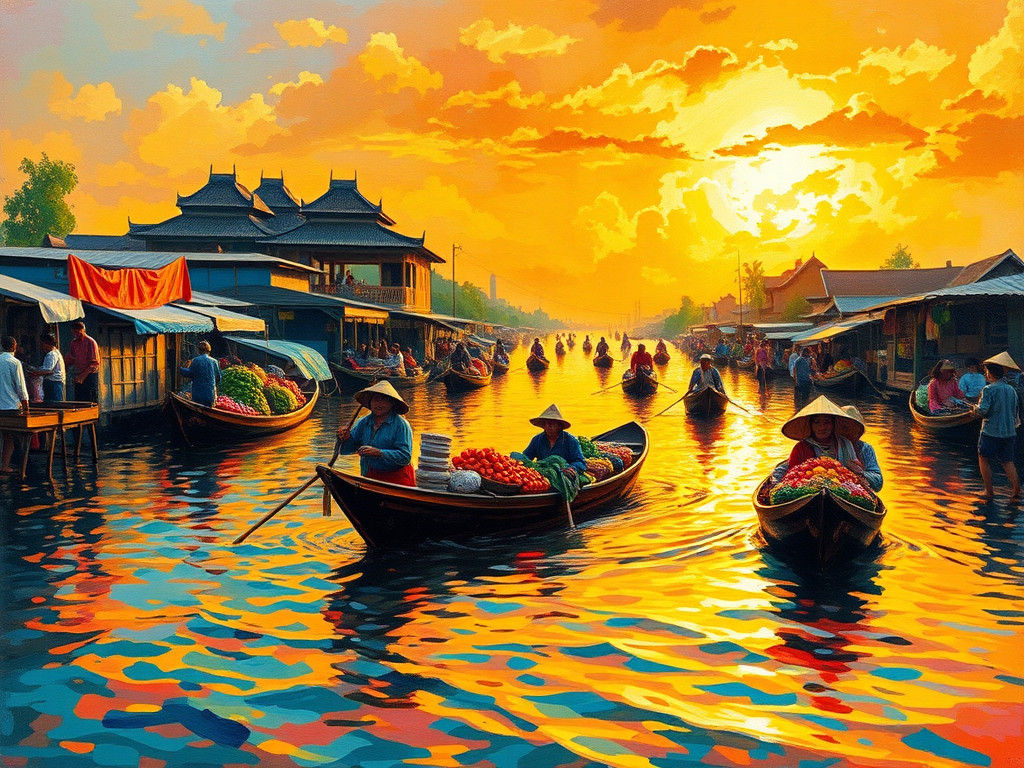 Vibrant Thai Floating Market at Sunset in Neo-Impressionism
