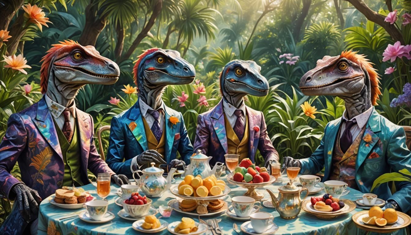 Velociraptors Host an Elegant Garden Party
