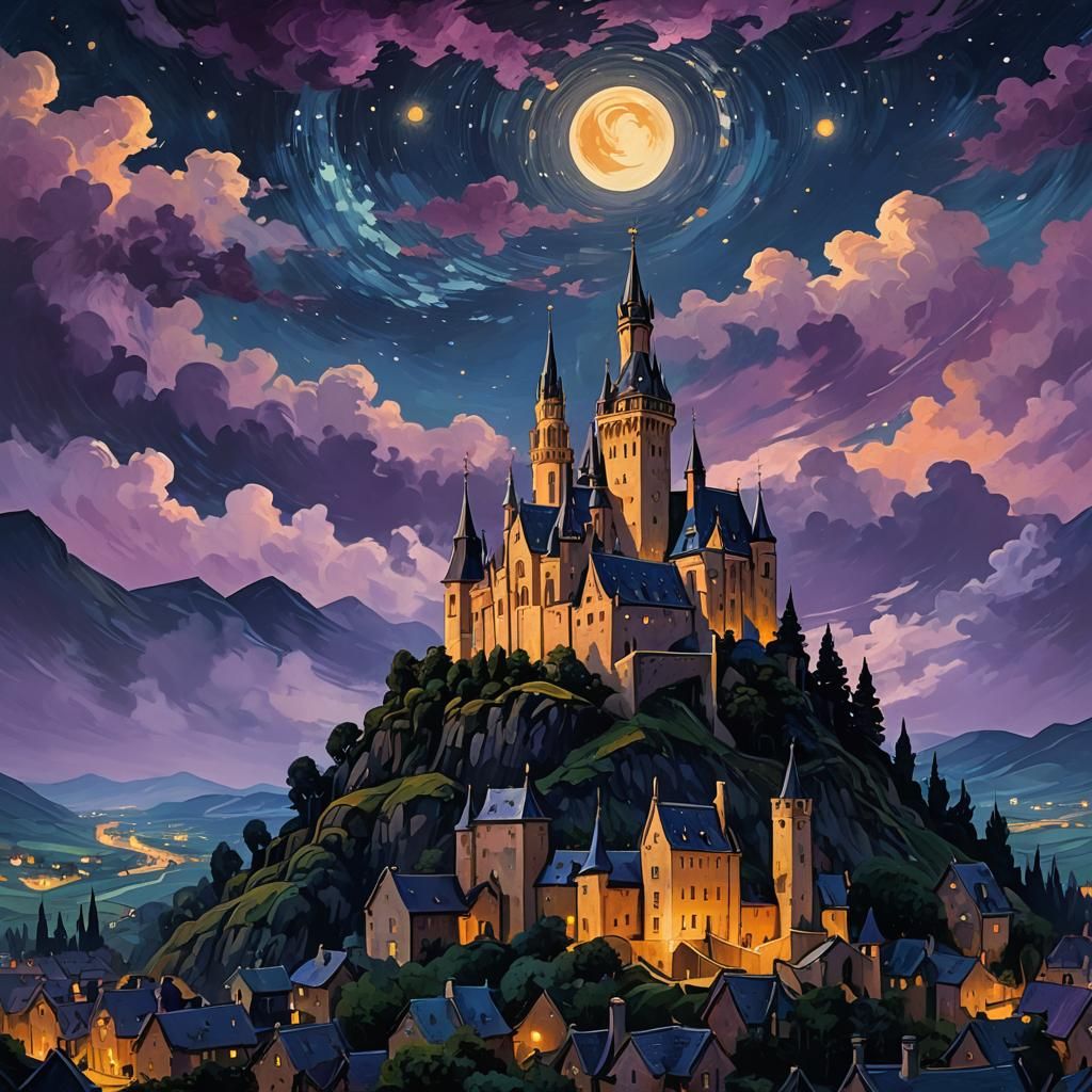 Starry Night Inspired Castle Movie Poster in Post-Impression...