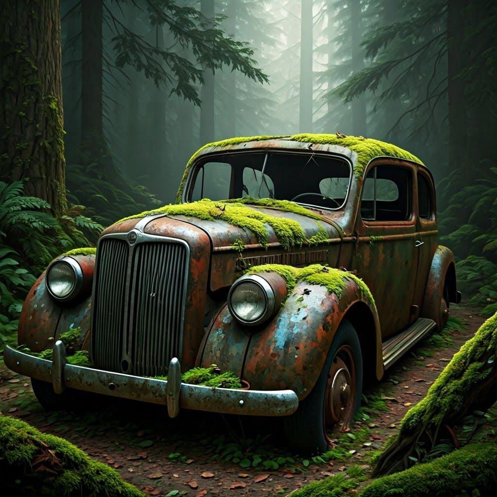 Mossy Old Car in Mystical Forest, Hyperdetailed Matte Painti...