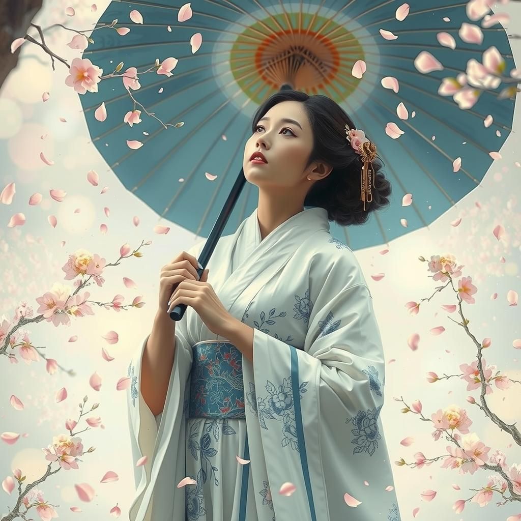 Ethereal Japanese Woman Apparition in Cherry Blossoms