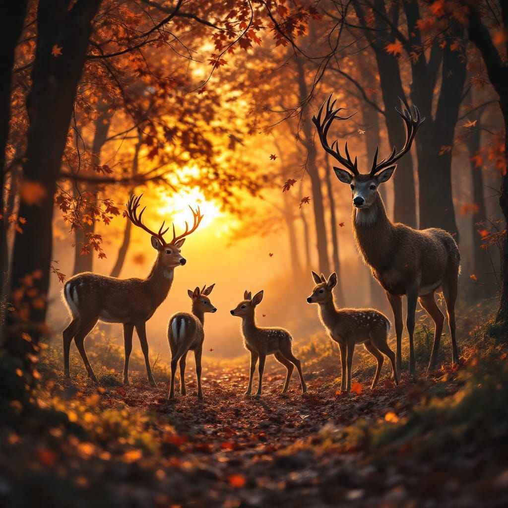 Deer Family Enjoying Autumn Sunset in Forest