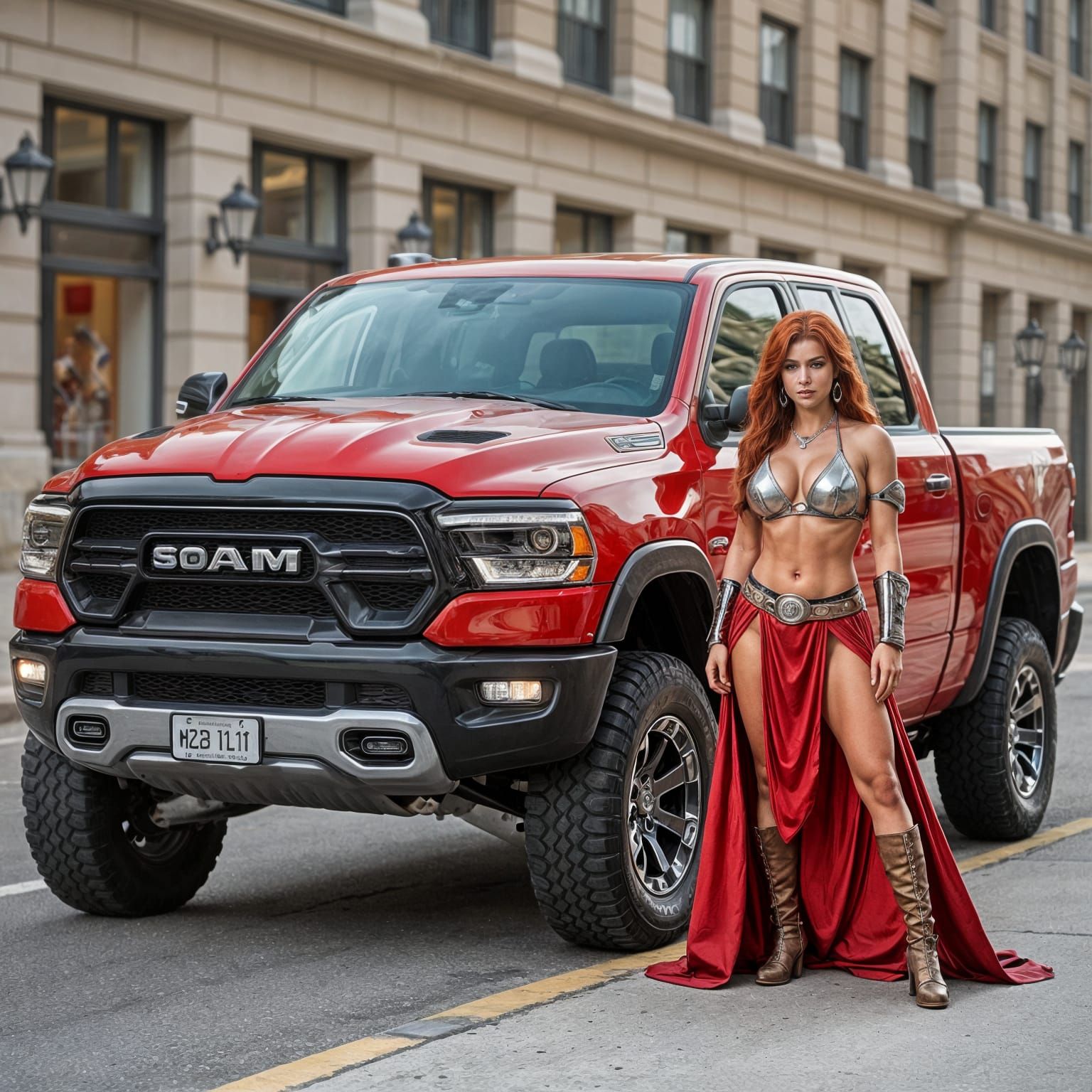 Red Sonja and a Red Dodge Ram