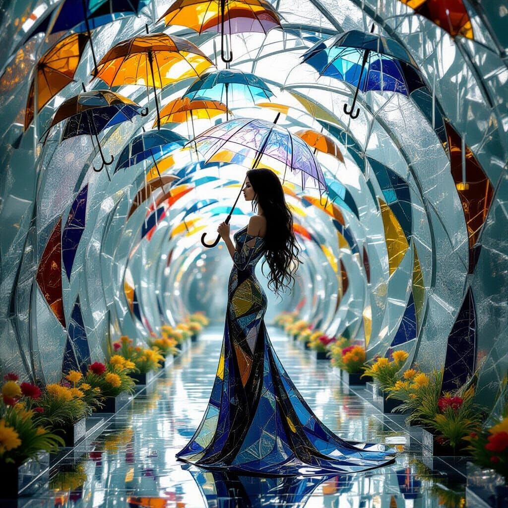 Woman Under Glass Umbrellas in Murano Art Style
