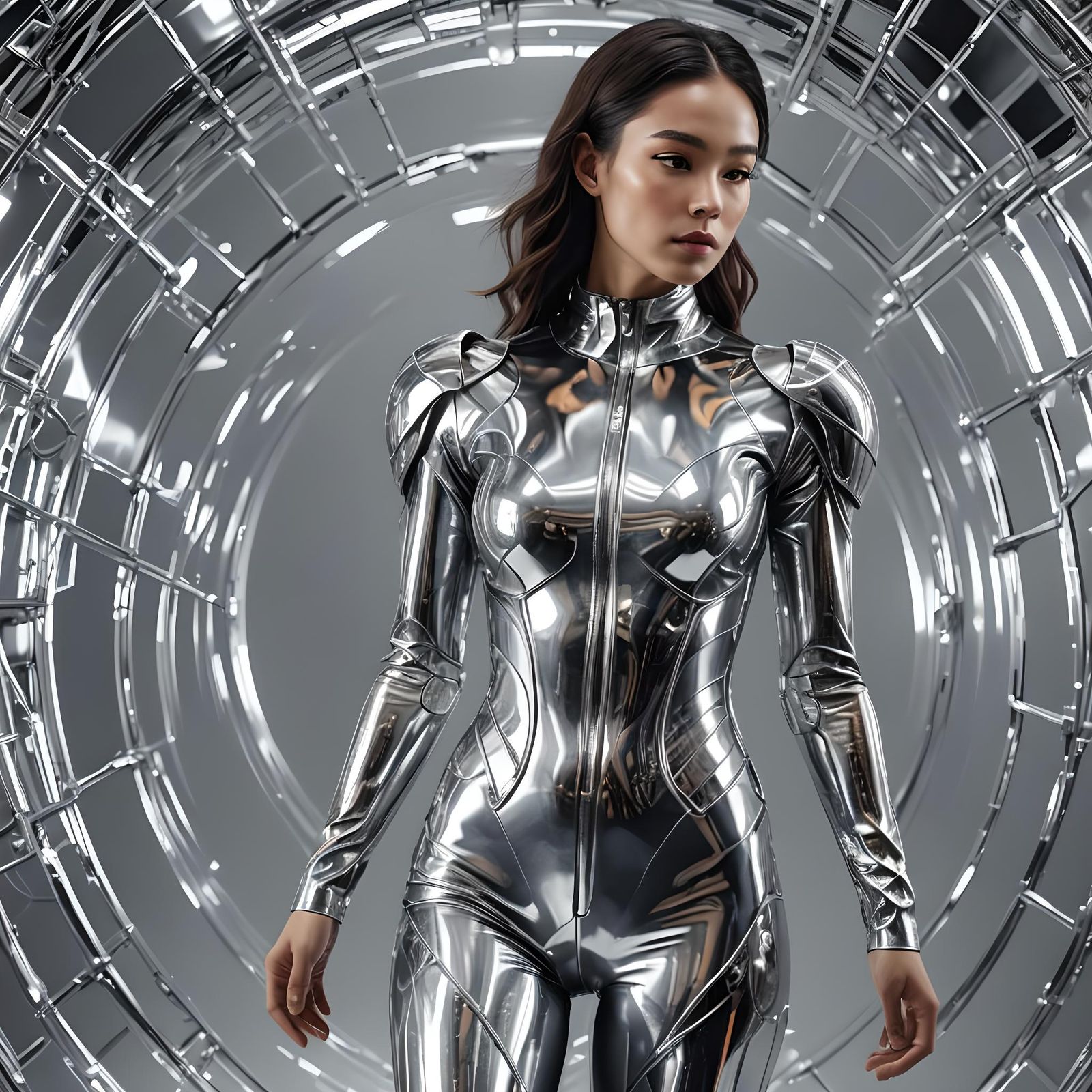 Liquid Chrome Bodysuit: Futuristic Exoskeleton Design