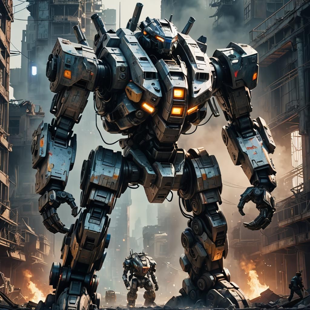 Sci-Fi Destroyer Bot in Ruined Cityscape