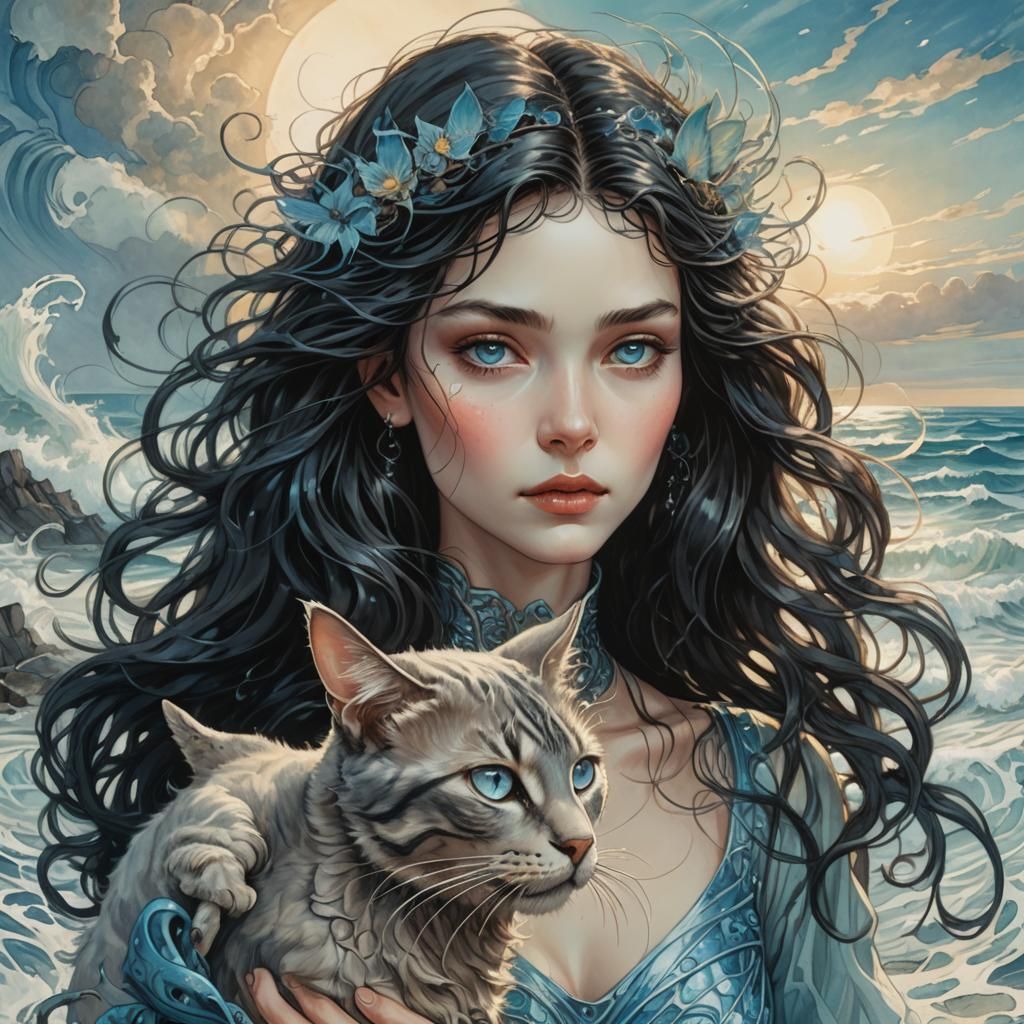 Fantasy Alien Woman with Cat Face on Seashore