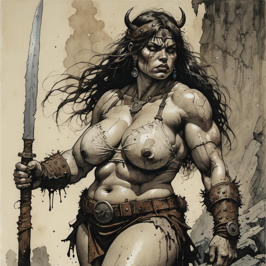 Chubby Female Barbarian in Pulp Fantasy Style