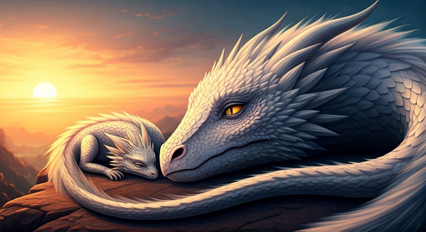 Magical White Dragon and Baby at Sunset