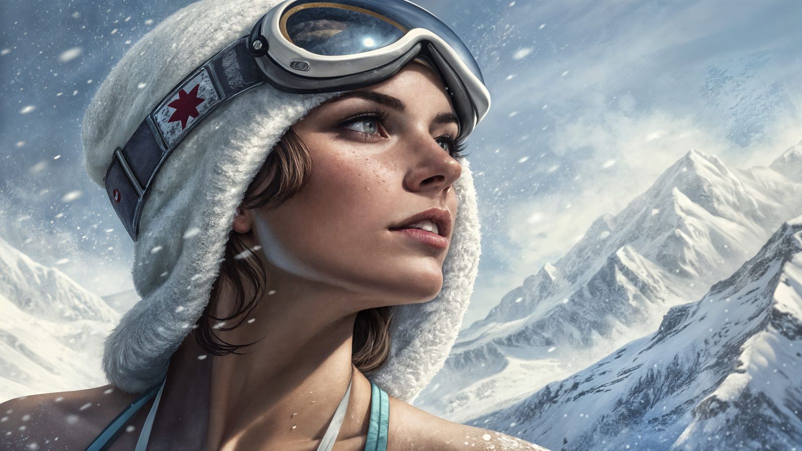 Gorgeous Woman in Ski Goggles and Bikini on Snowy Mountain