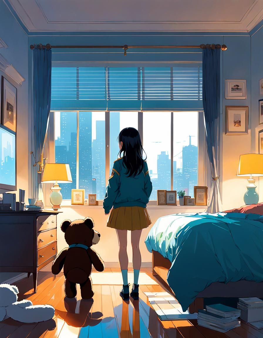 Anime Girl with Teddy Bear in Bedroom