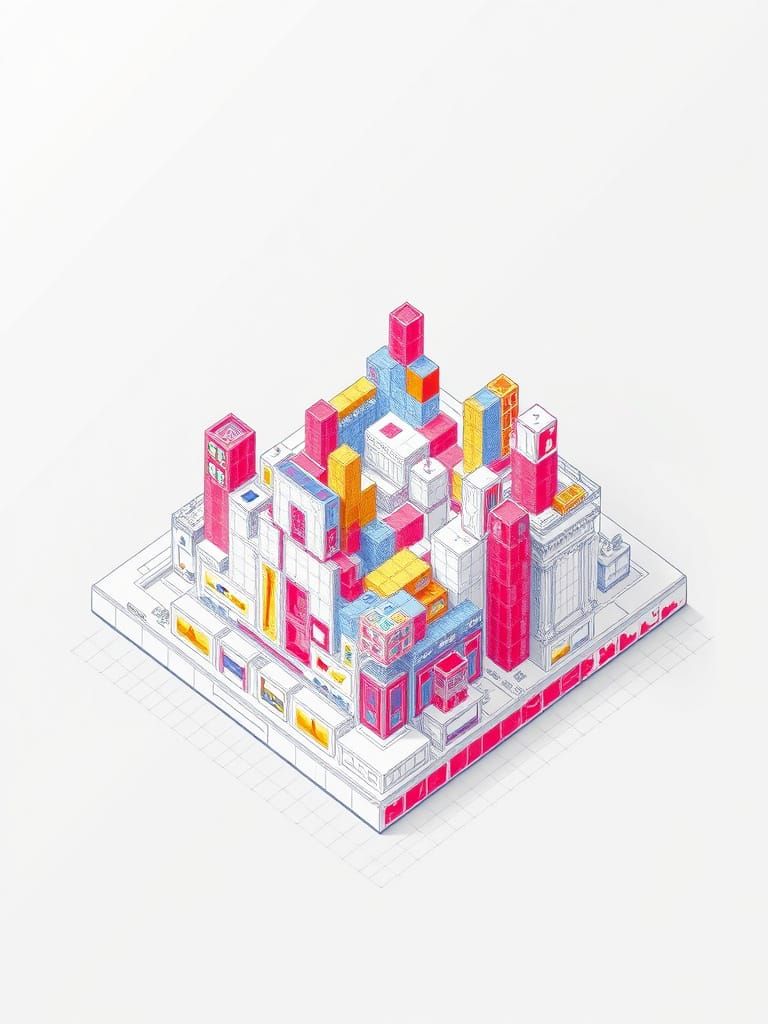 Exploded Wireframe Tetris Diagram in 3D Pixar Style with Han...
