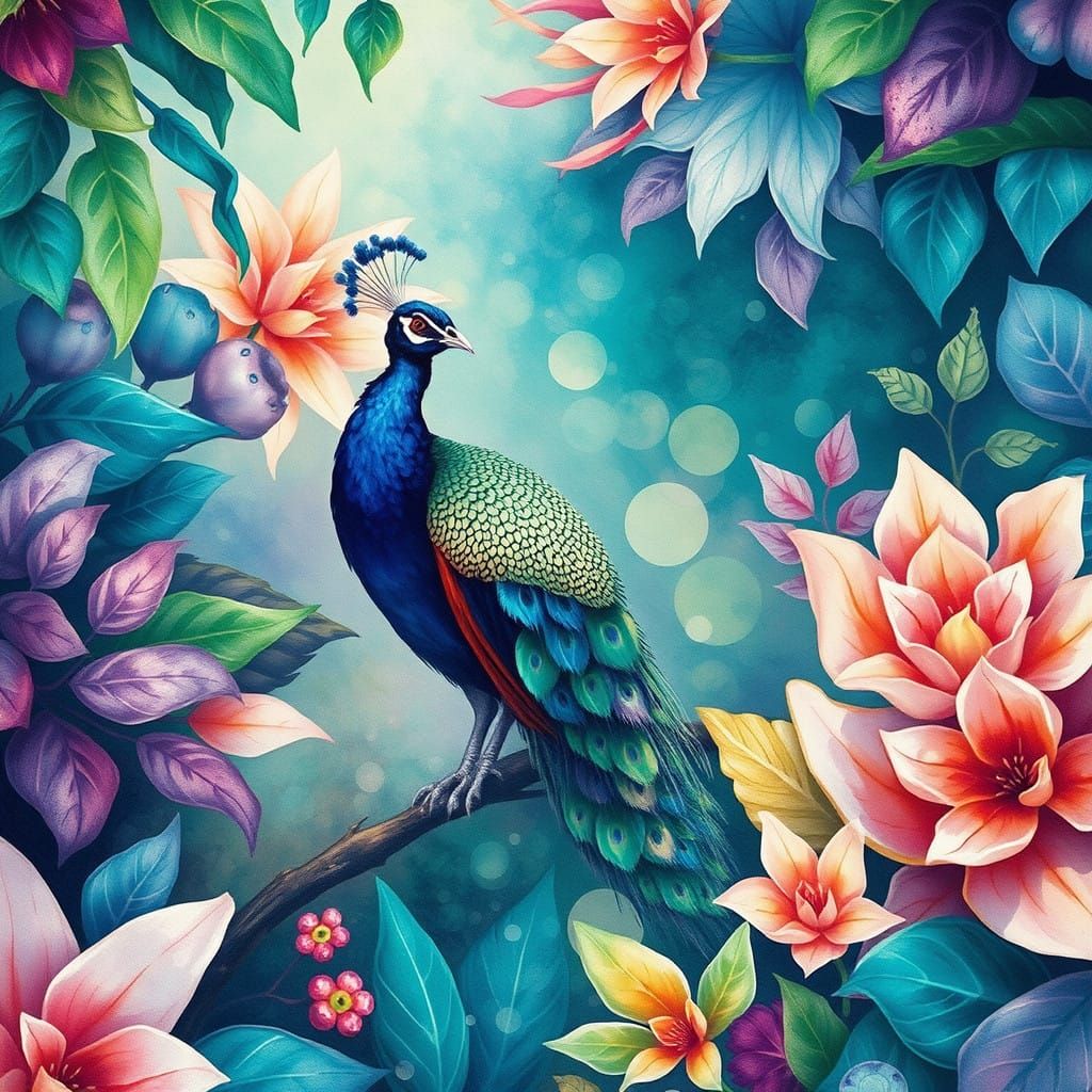 Ethereal Watercolor Paradise with Majestic Peacock