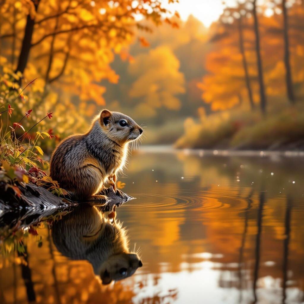 Squirrel Reflects in Autumn Lake Amidst Vibrant Fall Colors