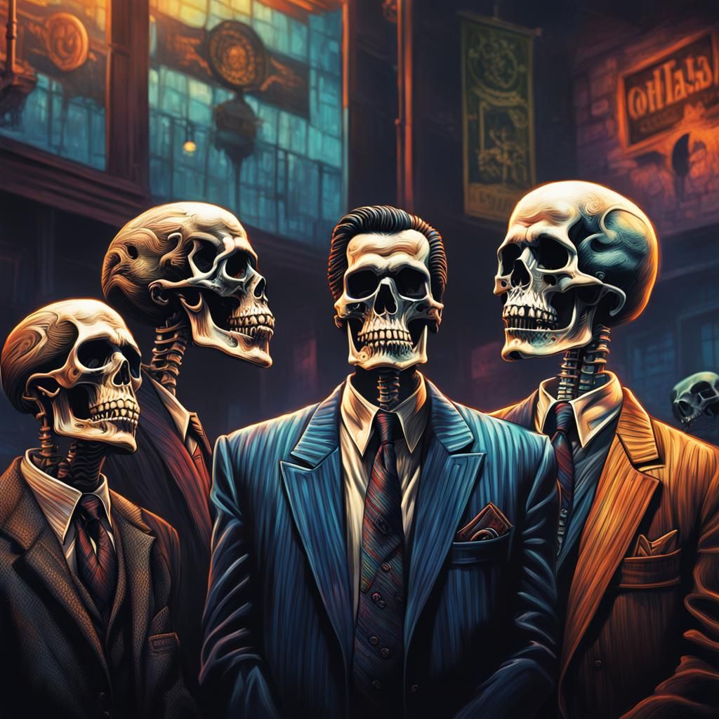 Hyperrealistic Skeletons as Mobsters Splash Art