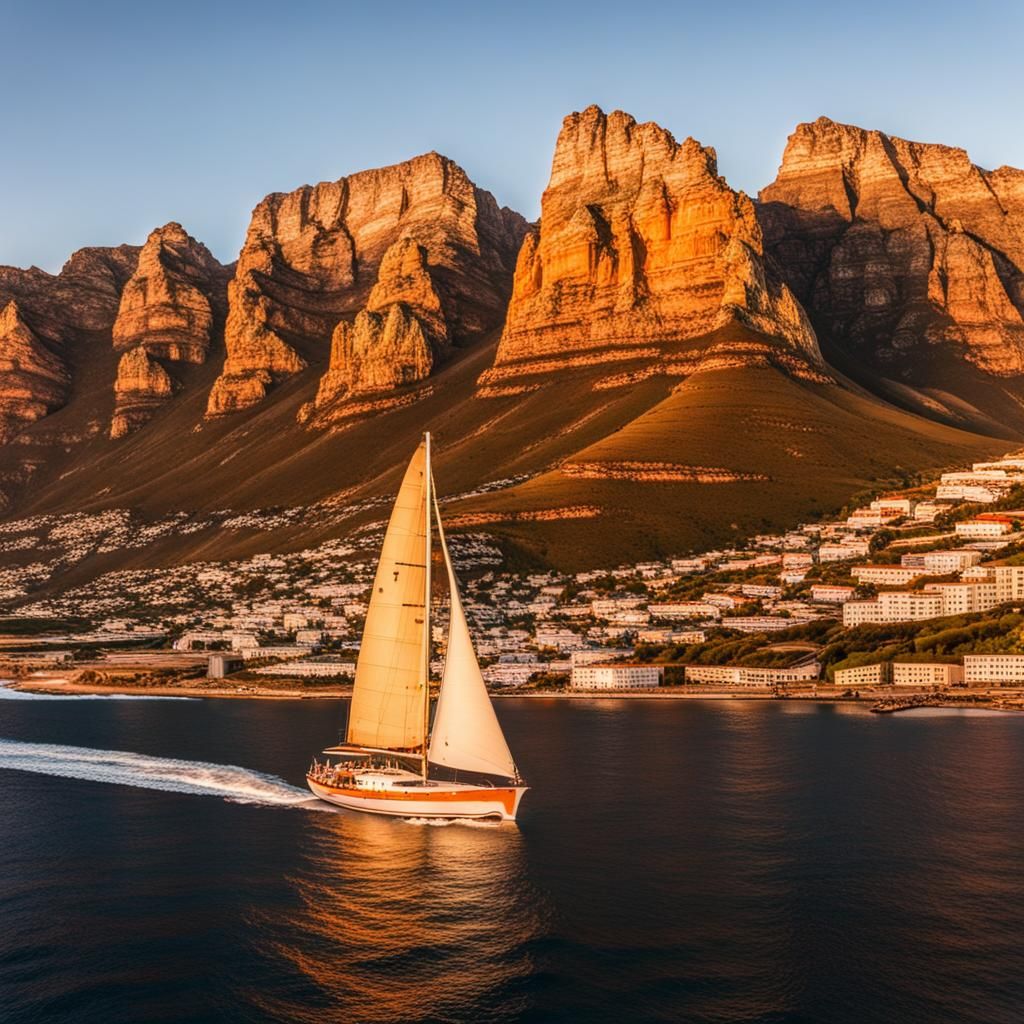 Sunset Sailing Boat with Twelve Apostles, Cape Town