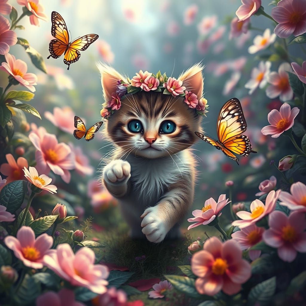 Whimsical Feline Princess in a Dreamy Floral Wonderland