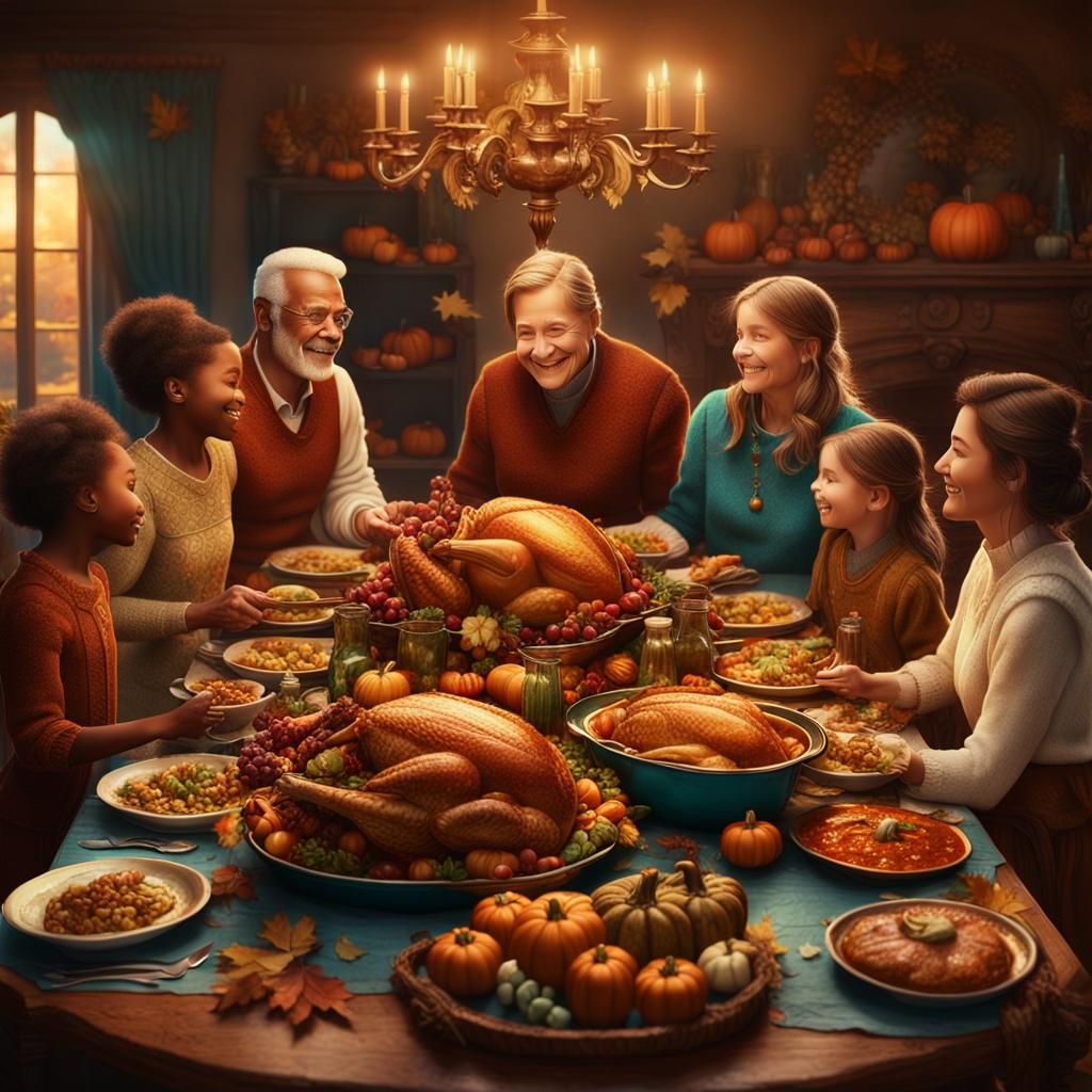 Thanksgiving Family Gathering in Matte Painting Style