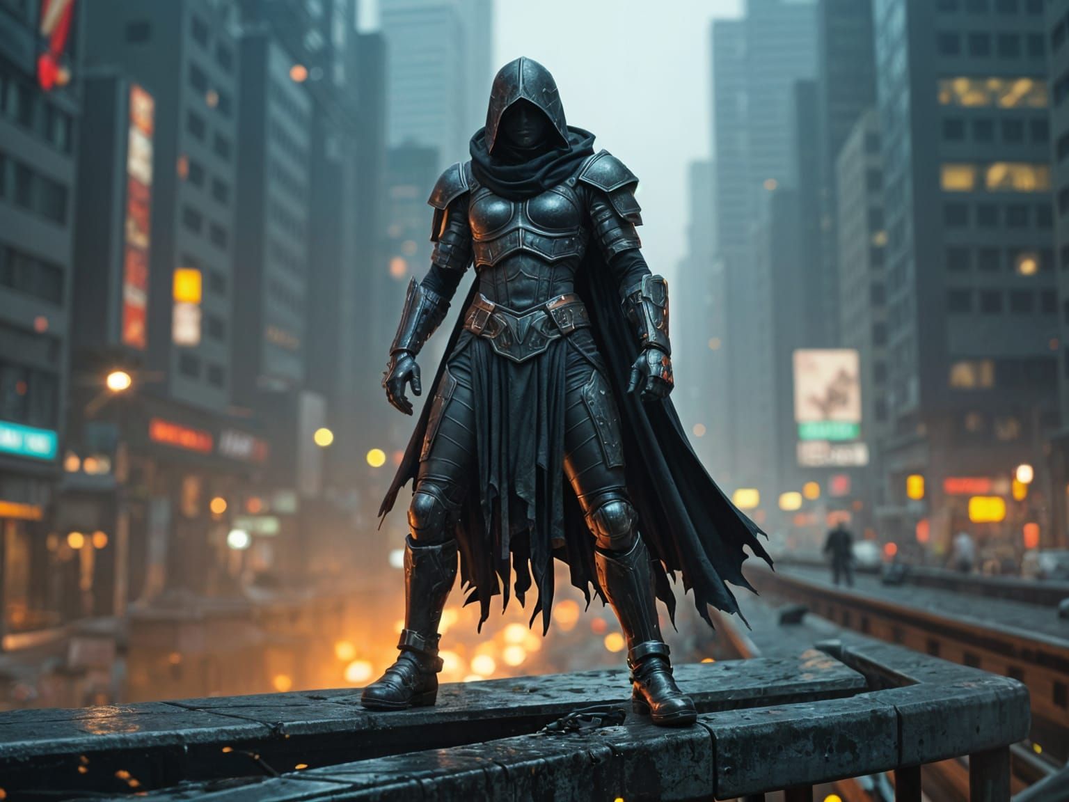 Cyberpunk Warrior Ready in Neon Dystopian Cityscape