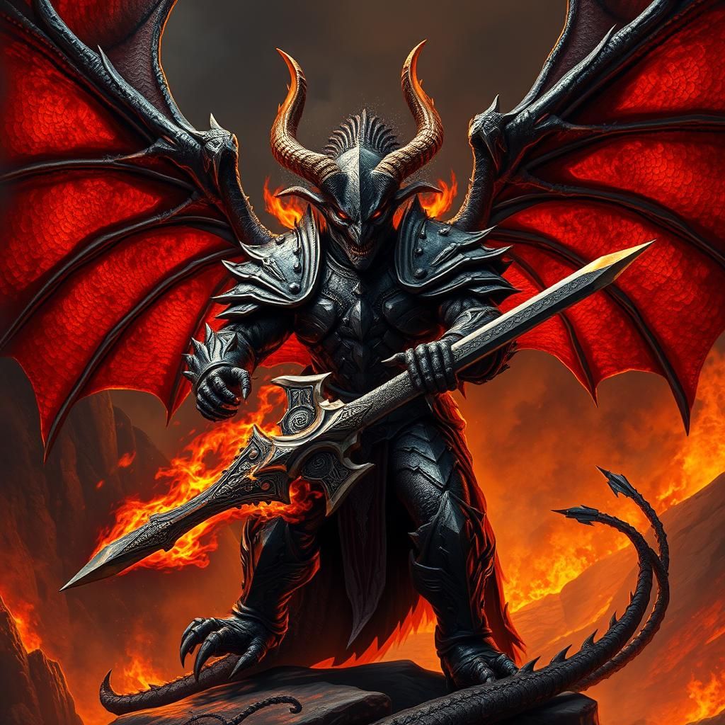 Armored Demon with Flaming Sword and Magma Dragon