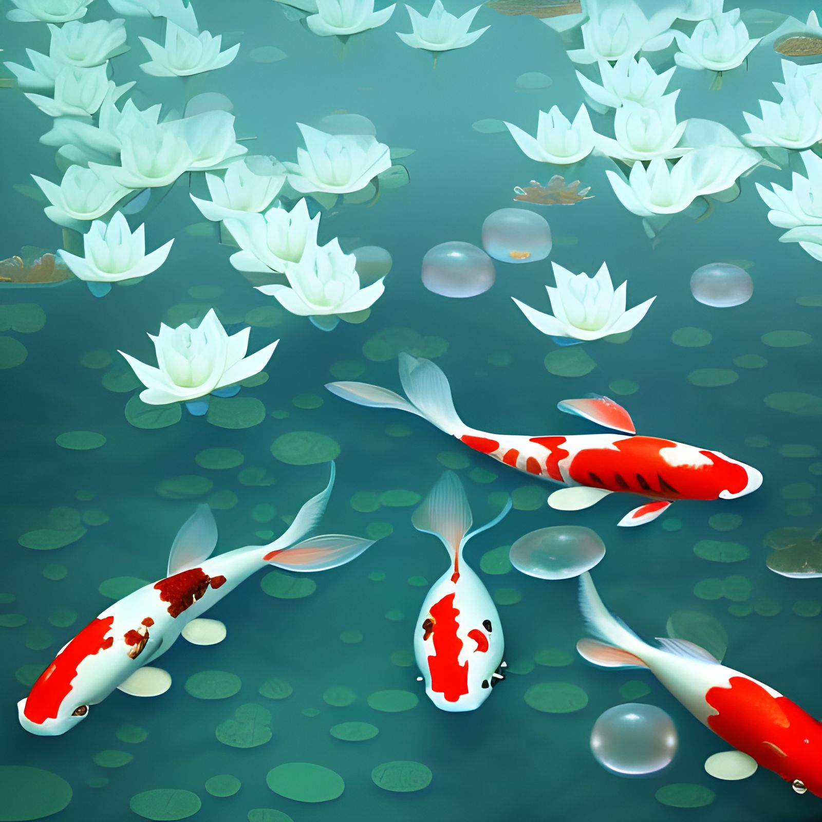 Koi in Lily Pond: Ukiyo-e Style Underwater Scene