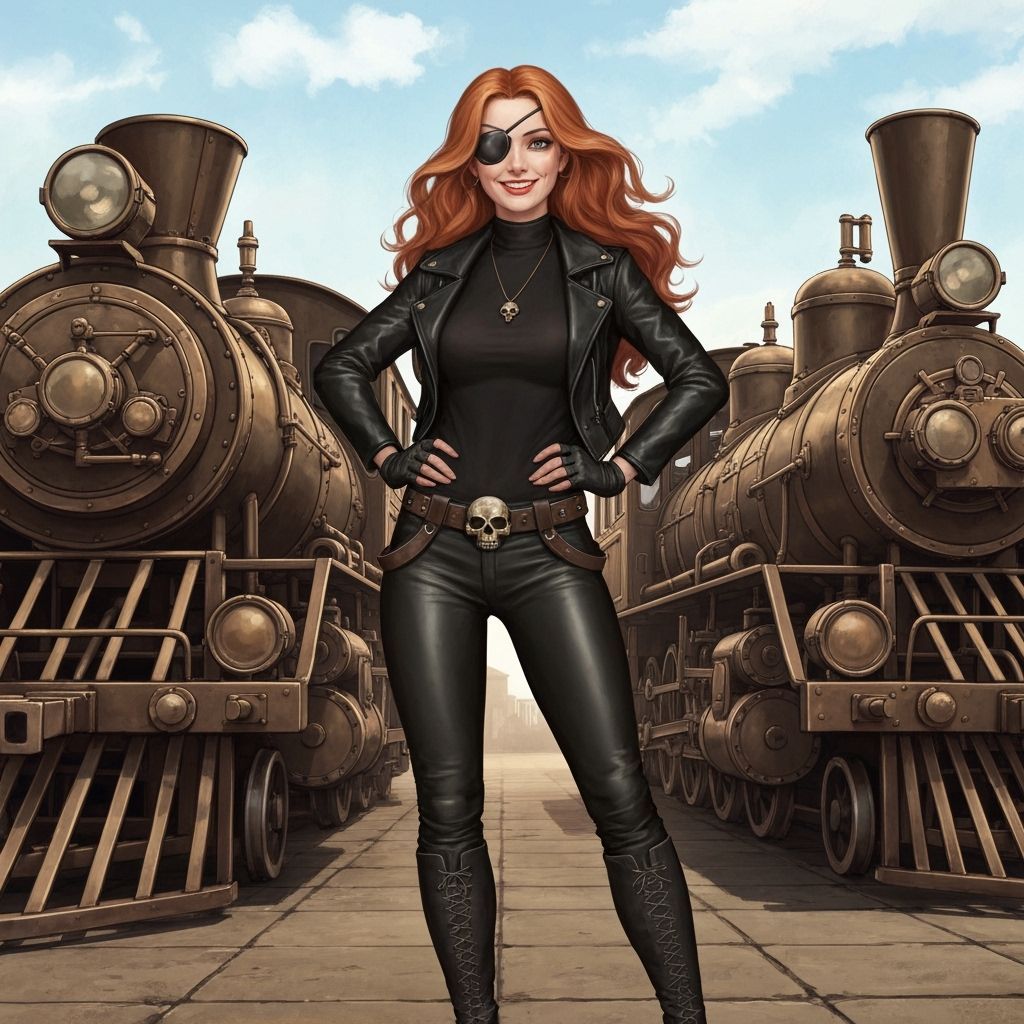 Steampunk Woman with Locomotives in Industrial Victorian Sty...