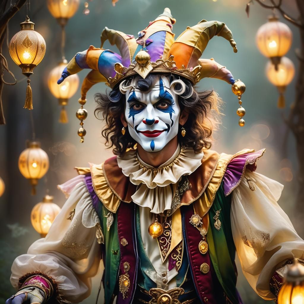 Mystical Jester Portrait in Golden Hour Lighting