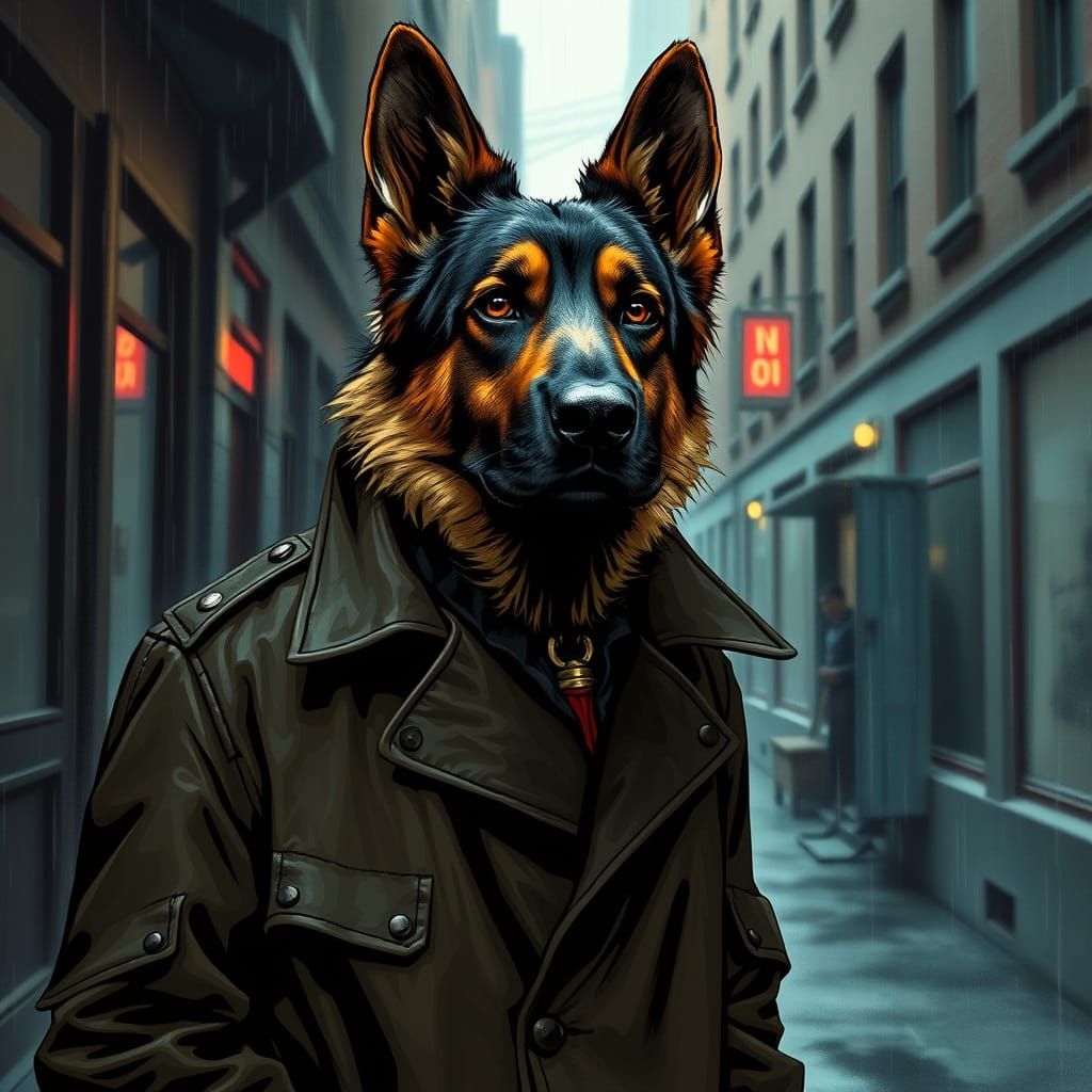 Gritty German Shepherd Detective in Rainy City Alley