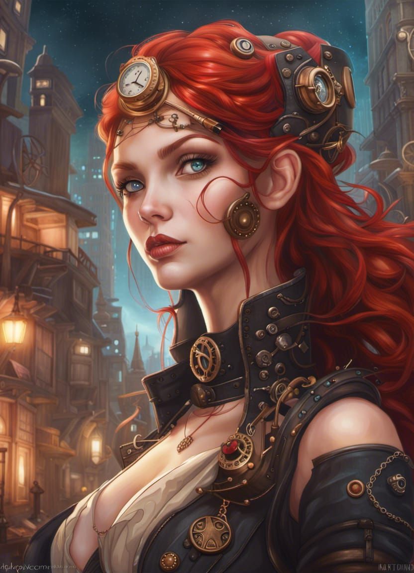 Steampunk Goddess in Steampunk City Landscape