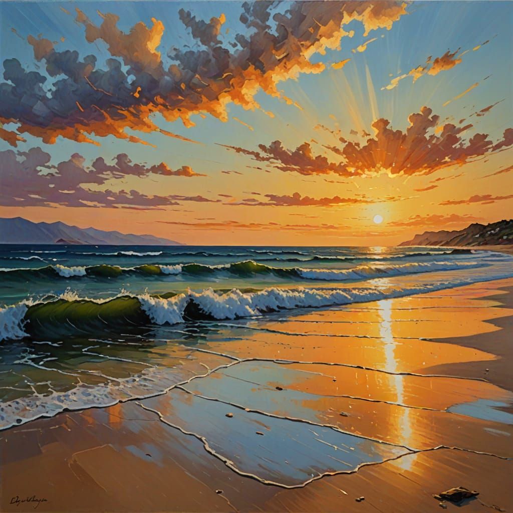 Impressionist Beach Sunset with Golden Light