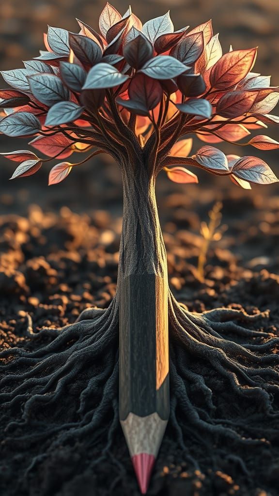 Surreal Graphite Tree: Pencil Becomes Living Plant