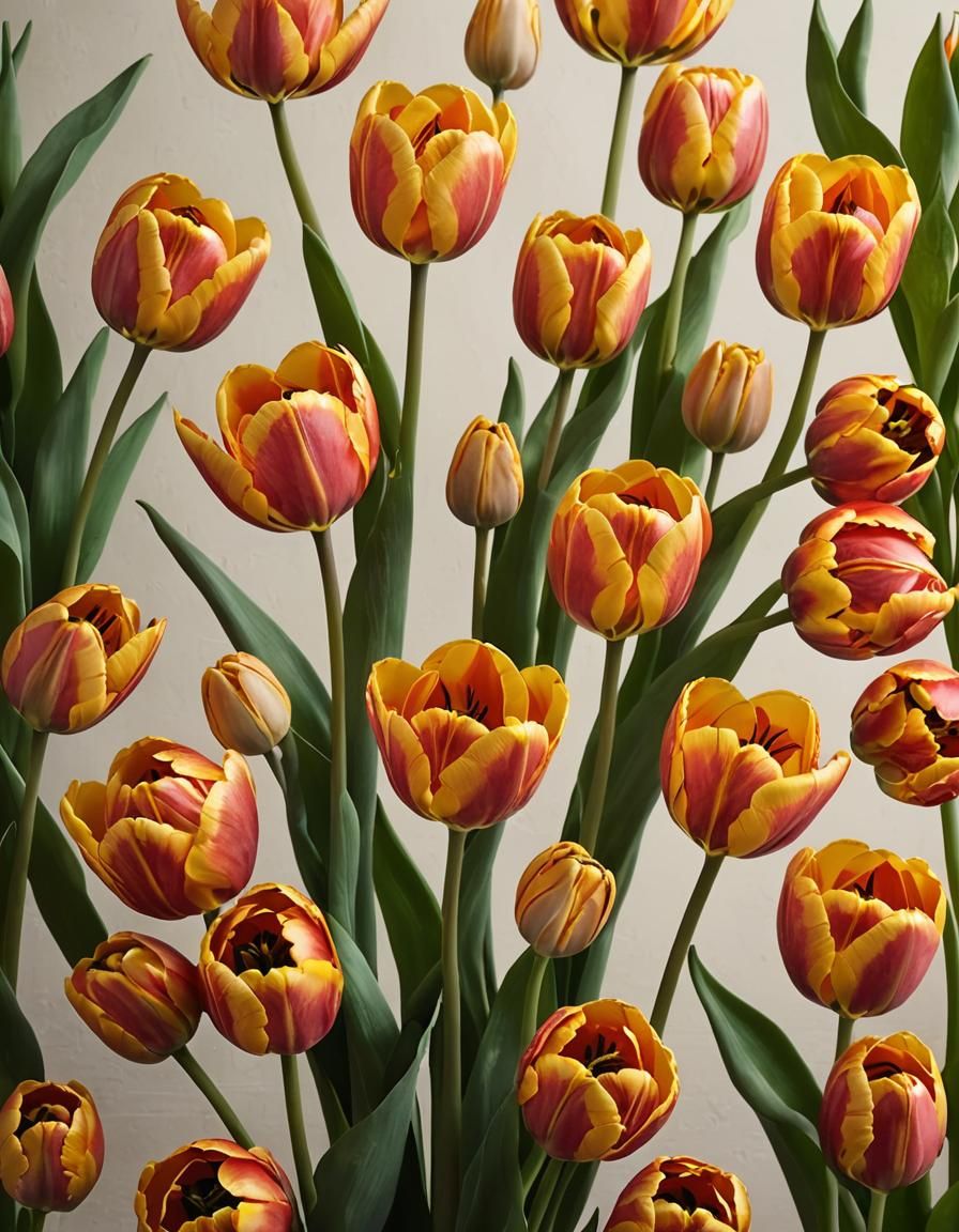 Surreal Tulips Bloom in Vibrant Warm Hues Against Dark Backg...