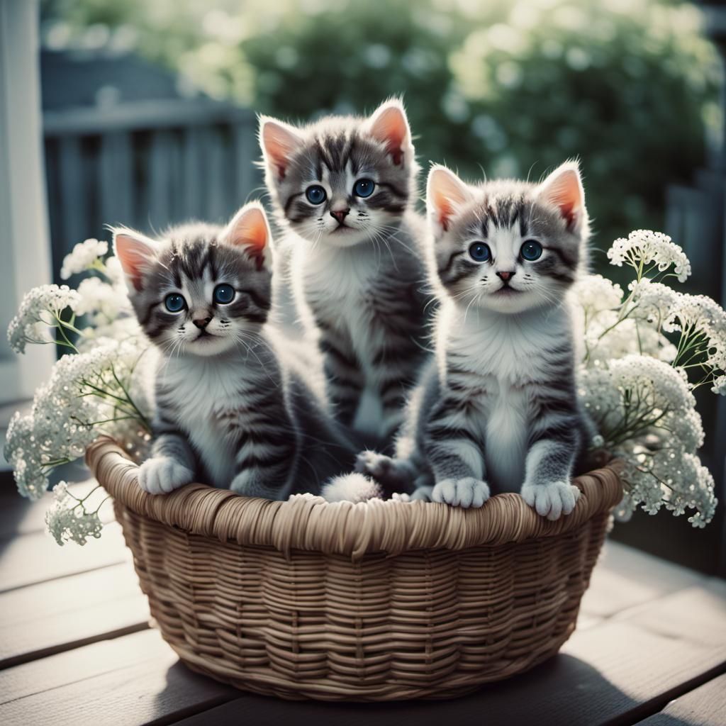 Kittens in Baby's Breath Basket: Hyperrealistic Film Still