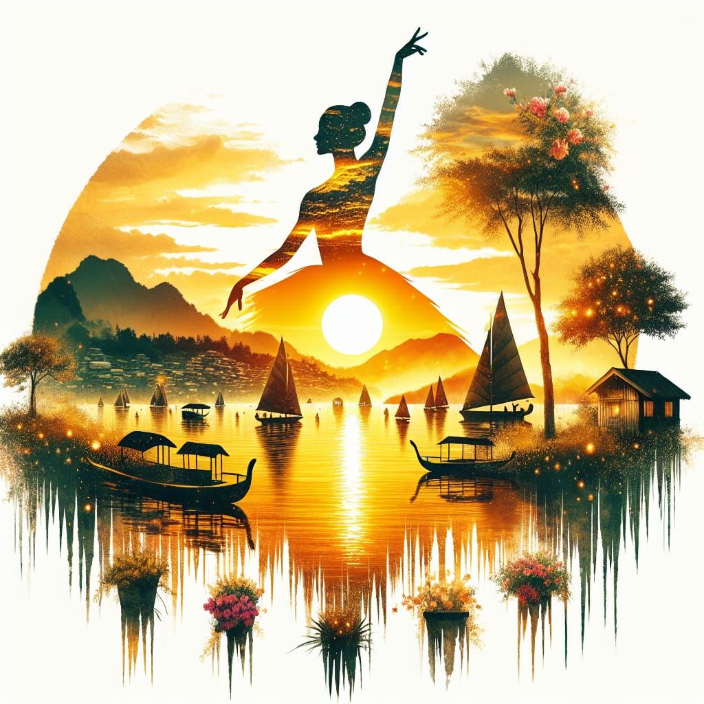 Ballerina Silhouette Merged with Sunset River Scene