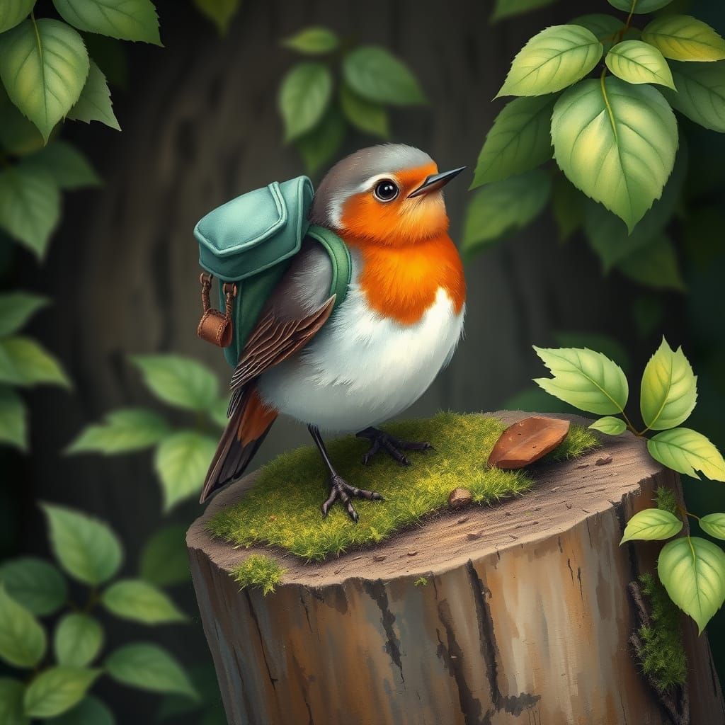 Robin with Backpack: Whimsical Storybook Illustration