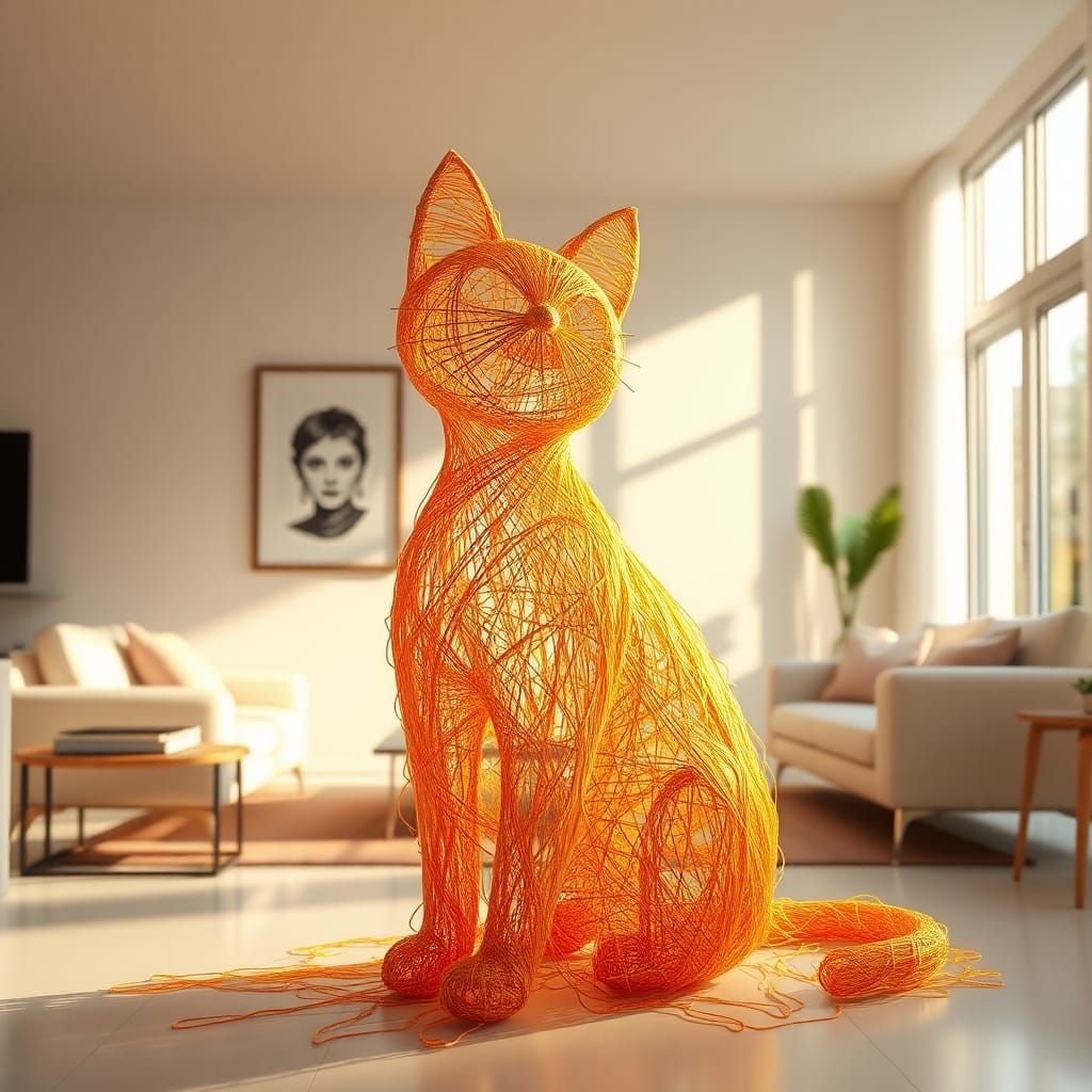Woven String Cat Sculpture in Pastel Colors