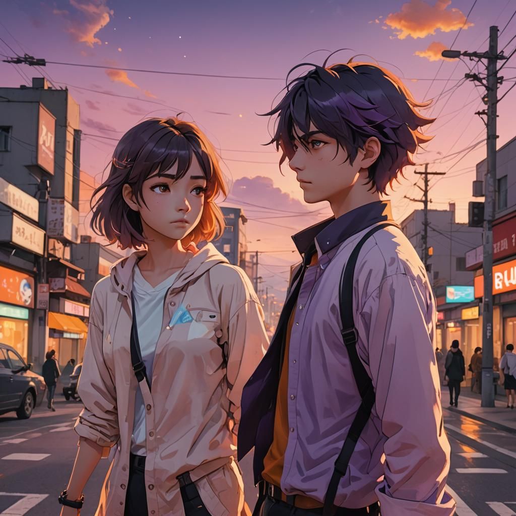 Anime-Style Crossroads Meeting in Golden Hour Light