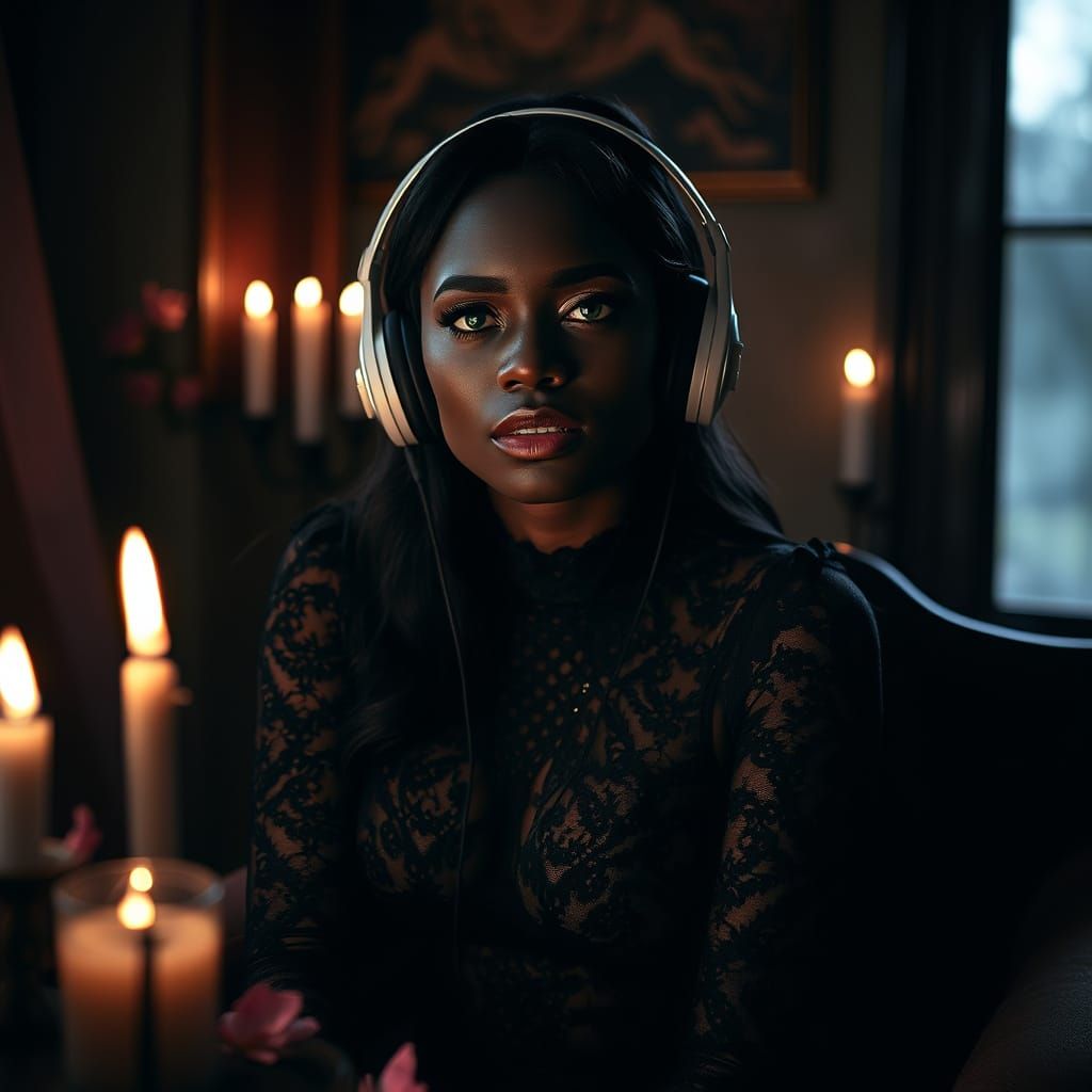 Gothic Woman in Candlelight, Lace and Shadow