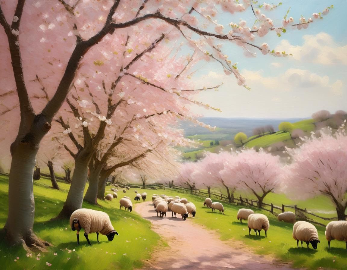 Impressionist Orchard Landscape with Sheep