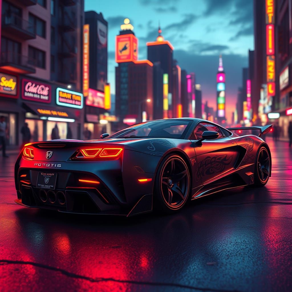 Neon Sports Car with Tribal Tattoo Art in Cityscape