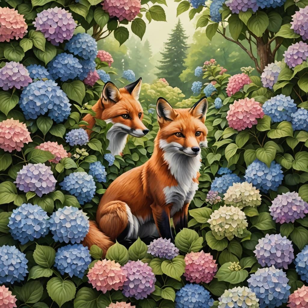 Fox Amidst Hydrangeas: A Floral Wildlife Scene