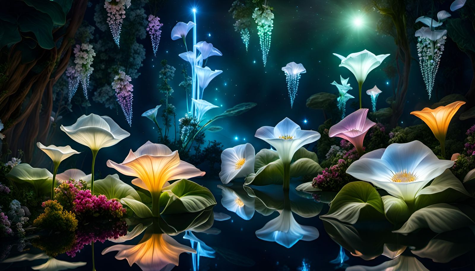 Beautiful Night Flowers in a mystic forest.