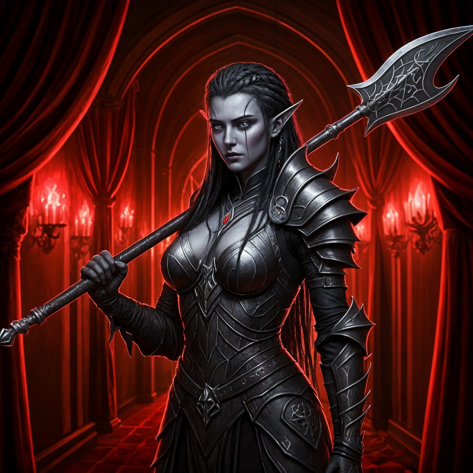 Armored Drow Warrior in Velvet Hallway