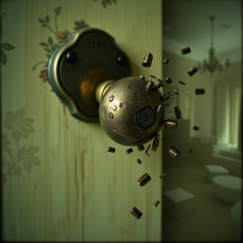 Distorted Brass Doorknob in a Haunting, Surreal Landscape