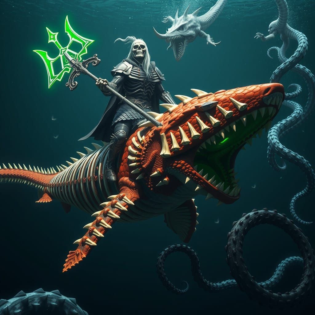 Skeletal Titan Rides Shark-Dragon, Pursued by Ghostly Kraken...