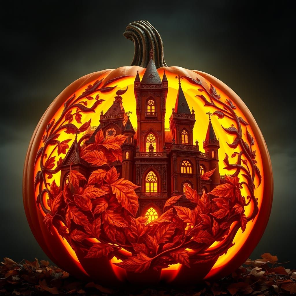 Gothic Pumpkin Castle with Autumn Leaves