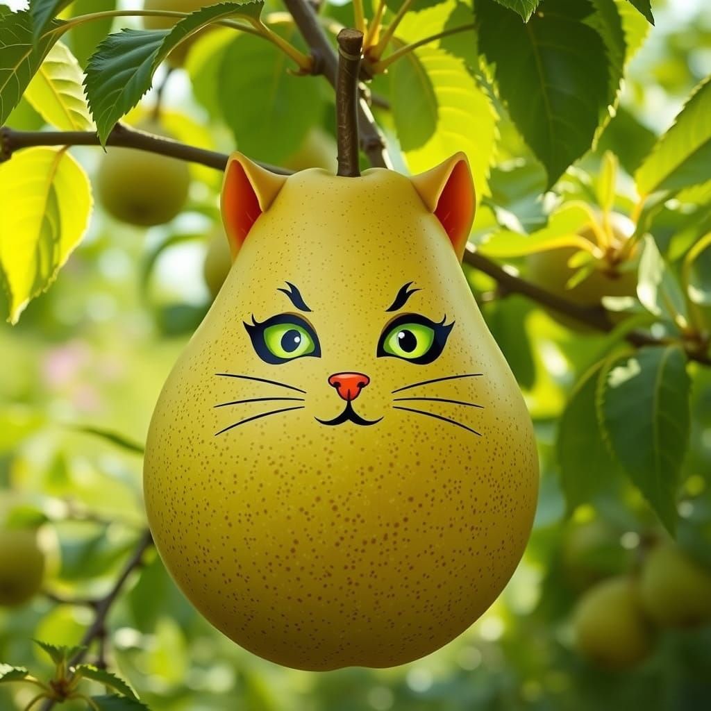 Whimsical Pear with Feline Features in an Orchard