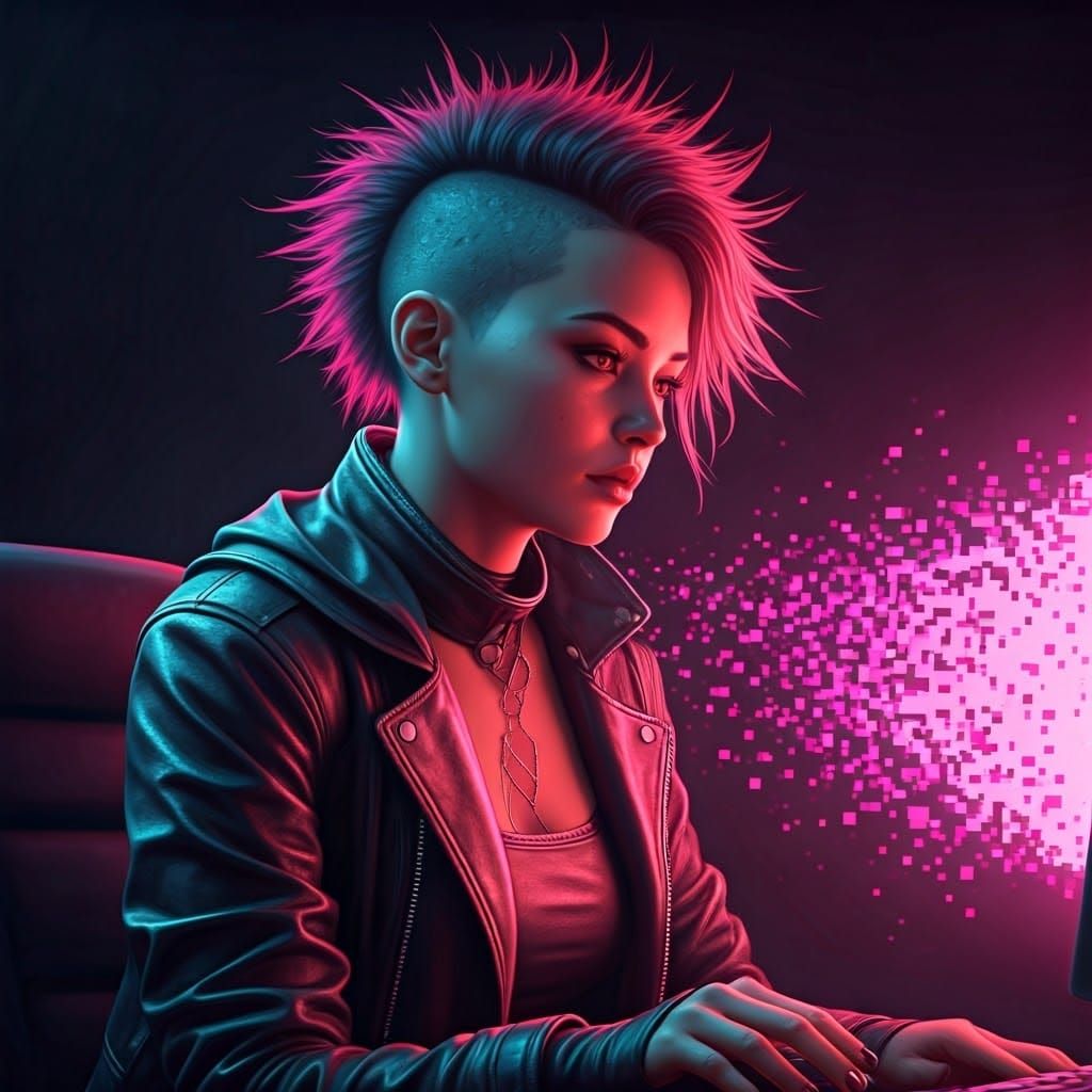 Woman Dissolving into Digital World with Neon Glow